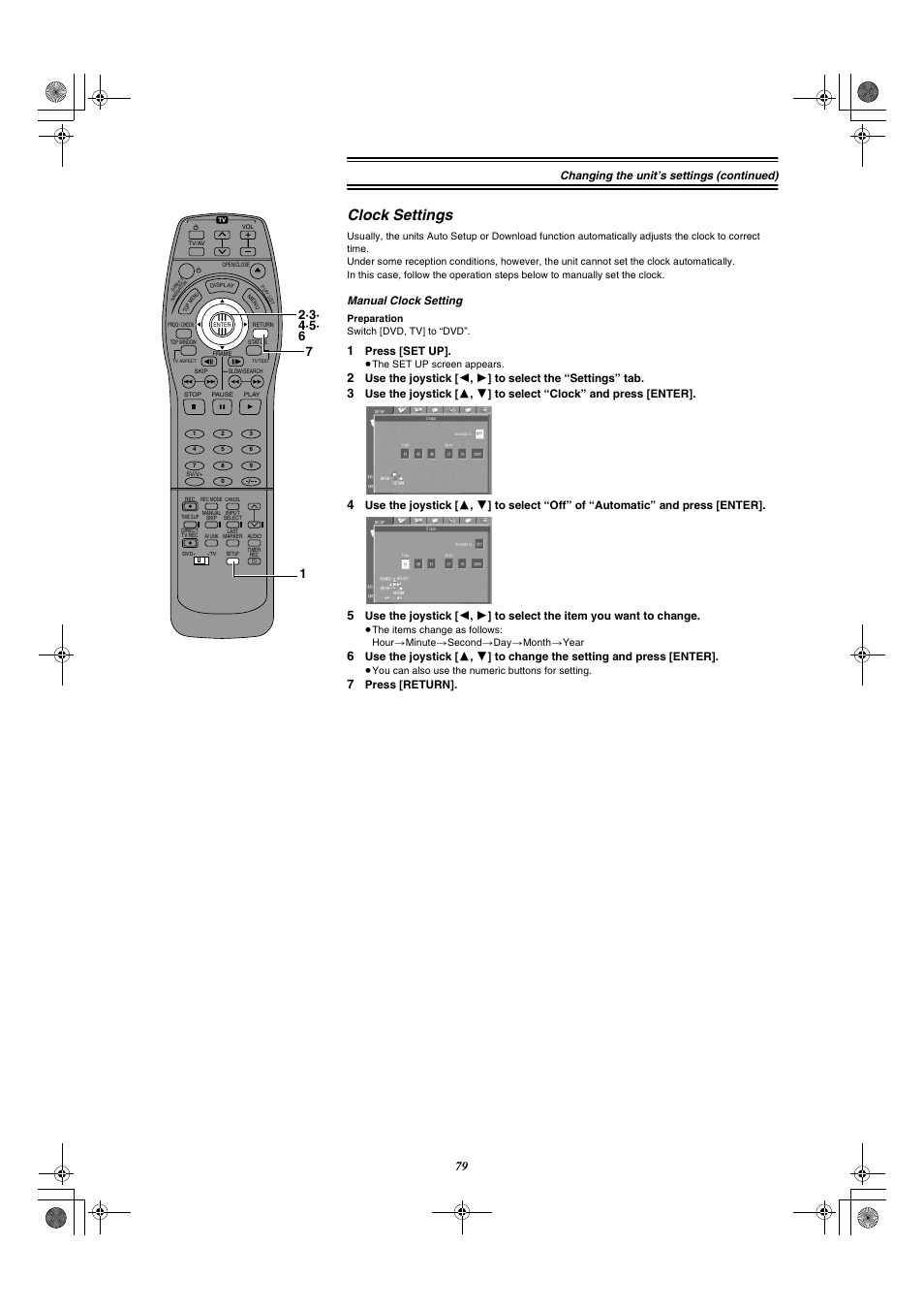 Clock settings, Changing the unit’s settings (continued), Manual clock setting | Press [set up, Press [return | Panasonic DMR-E20 User Manual | Page 79 / 95