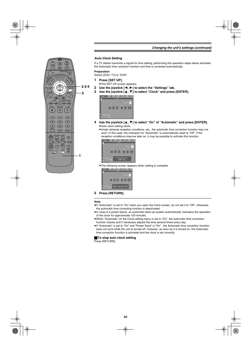 Press [set up, Press [return, ª to stop auto clock setting | Panasonic DMR-E20 User Manual | Page 80 / 95