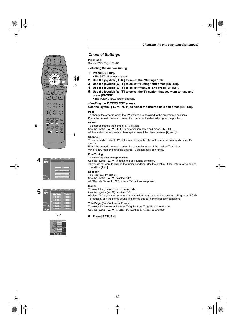 Channel settings, Changing the unit’s settings (continued), Selecting the manual tuning | Handling the tuning box screen, Press [set up, Press [return | Panasonic DMR-E20 User Manual | Page 81 / 95