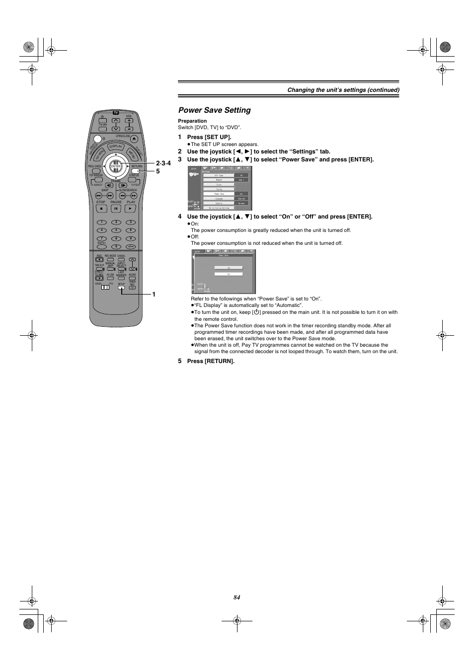 Power save setting, Changing the unit’s settings (continued), Press [set up | Press [return | Panasonic DMR-E20 User Manual | Page 84 / 95