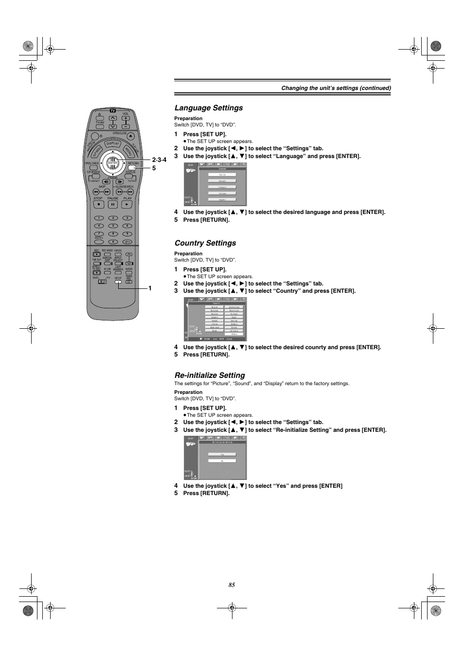 Language settings, Country settings, Re-initialize setting | Changing the unit’s settings (continued) | Panasonic DMR-E20 User Manual | Page 85 / 95