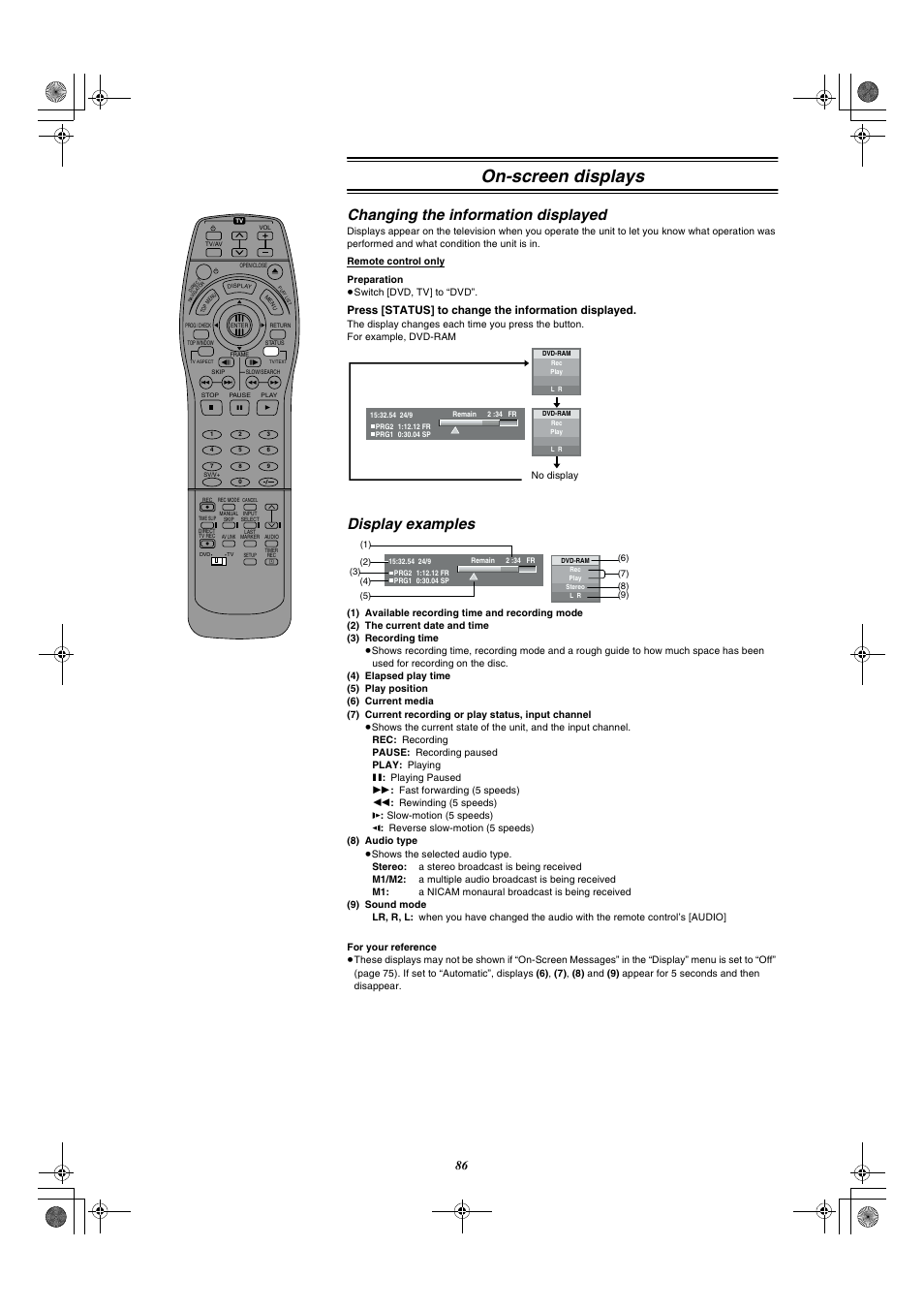 On-screen displays, Changing the information displayed, Display examples | Press [status] to change the information displayed | Panasonic DMR-E20 User Manual | Page 86 / 95