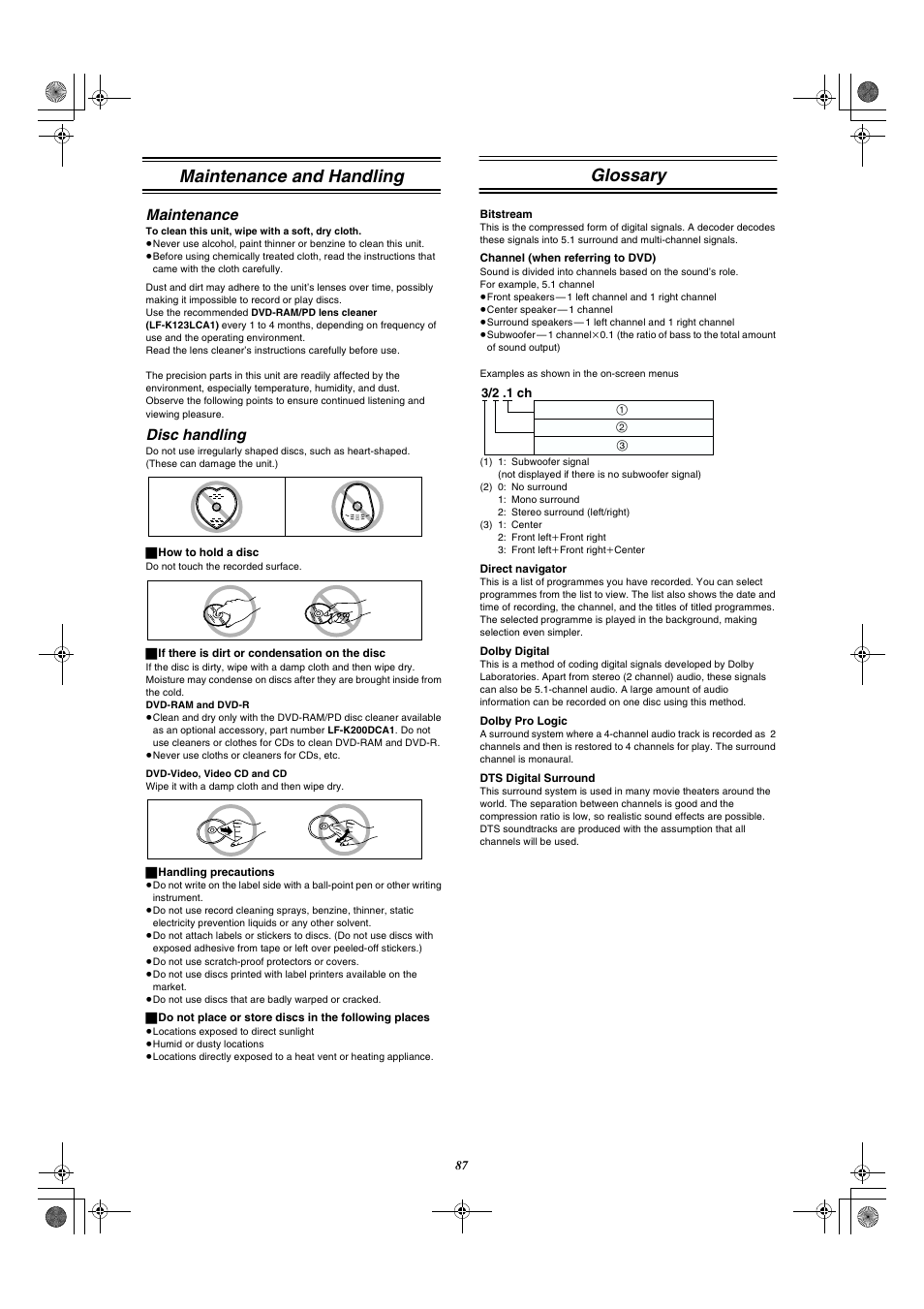 Maintenance and handling, Maintenance, Disc handling | Glossary, Glossary maintenance and handling | Panasonic DMR-E20 User Manual | Page 87 / 95