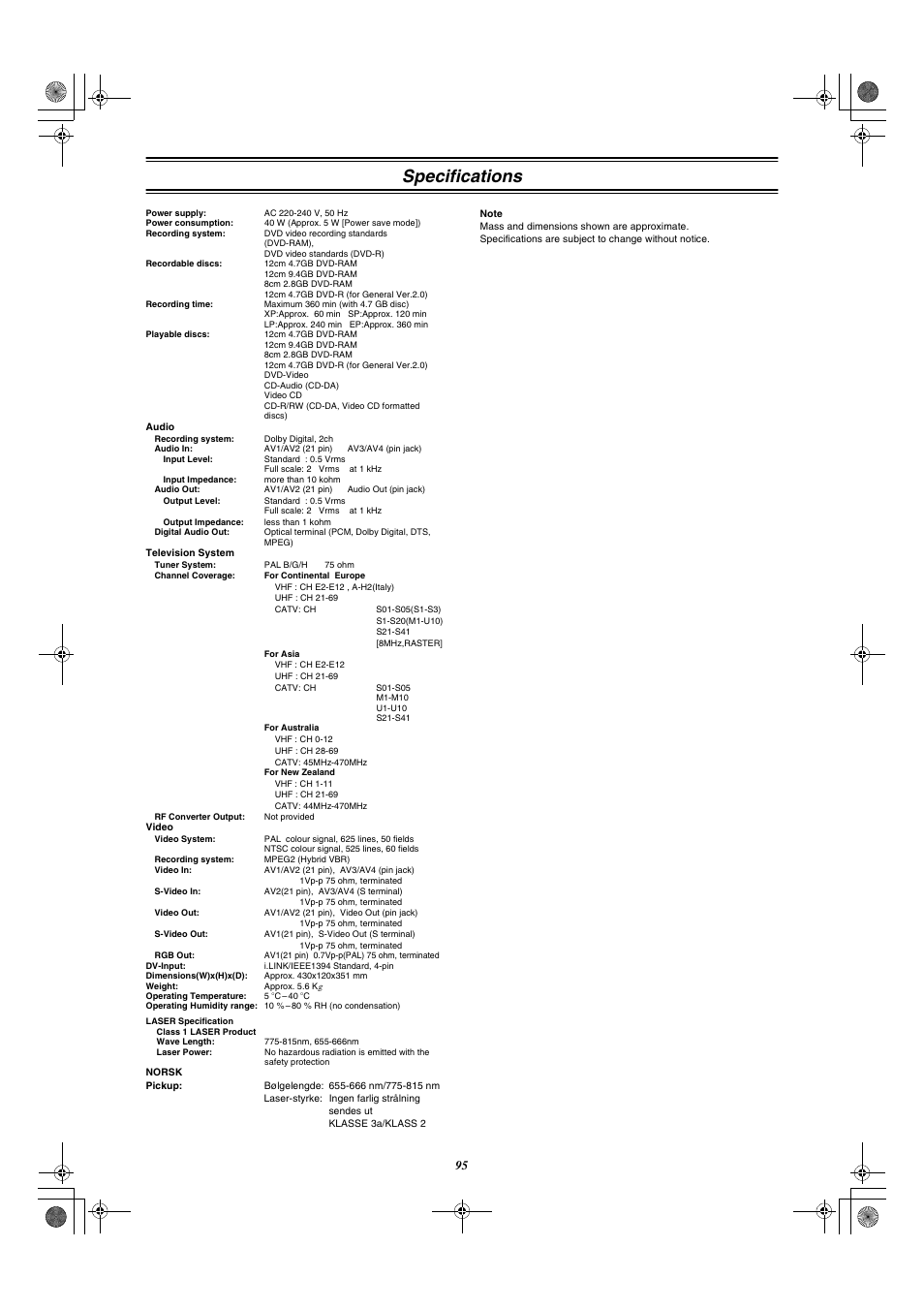 Specifications | Panasonic DMR-E20 User Manual | Page 95 / 95