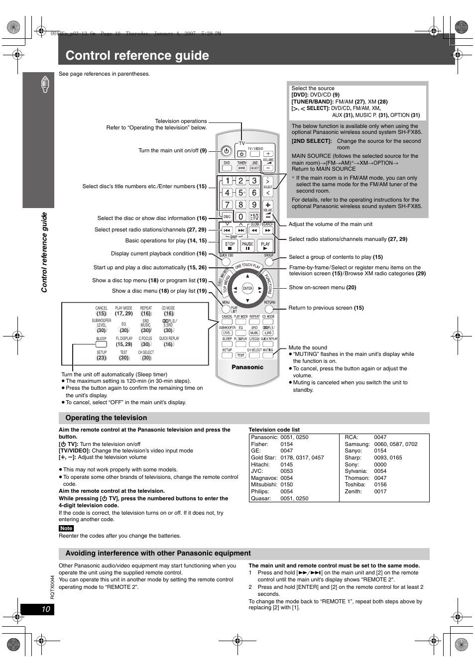 Control reference guide | Panasonic SC-PT753 User Manual | Page 10 / 40