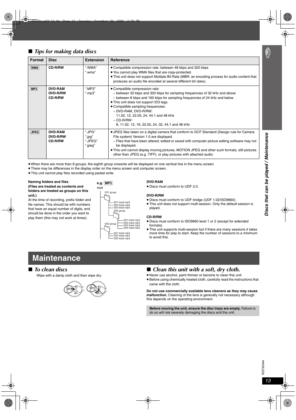 Maintenance, Tips for making data discs, Clean this unit with a soft, dry cloth | Panasonic SC-PT753 User Manual | Page 13 / 40
