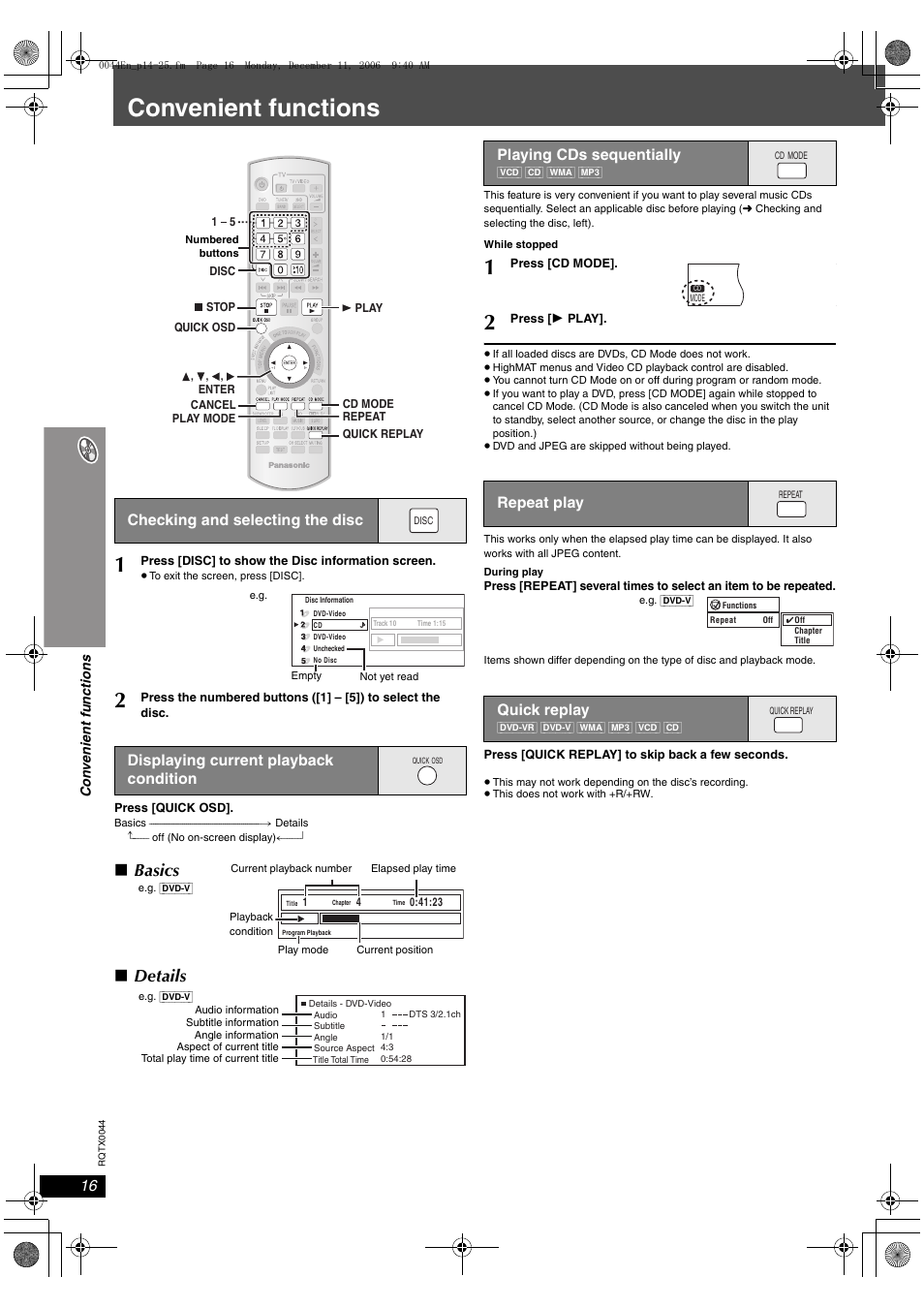 Convenient functions, Checking and selecting the disc, Displaying current playback condition | Playing cds sequentially, Repeat play, Quick replay, Basics, Details, Repeat play quick replay | Panasonic SC-PT753 User Manual | Page 16 / 40