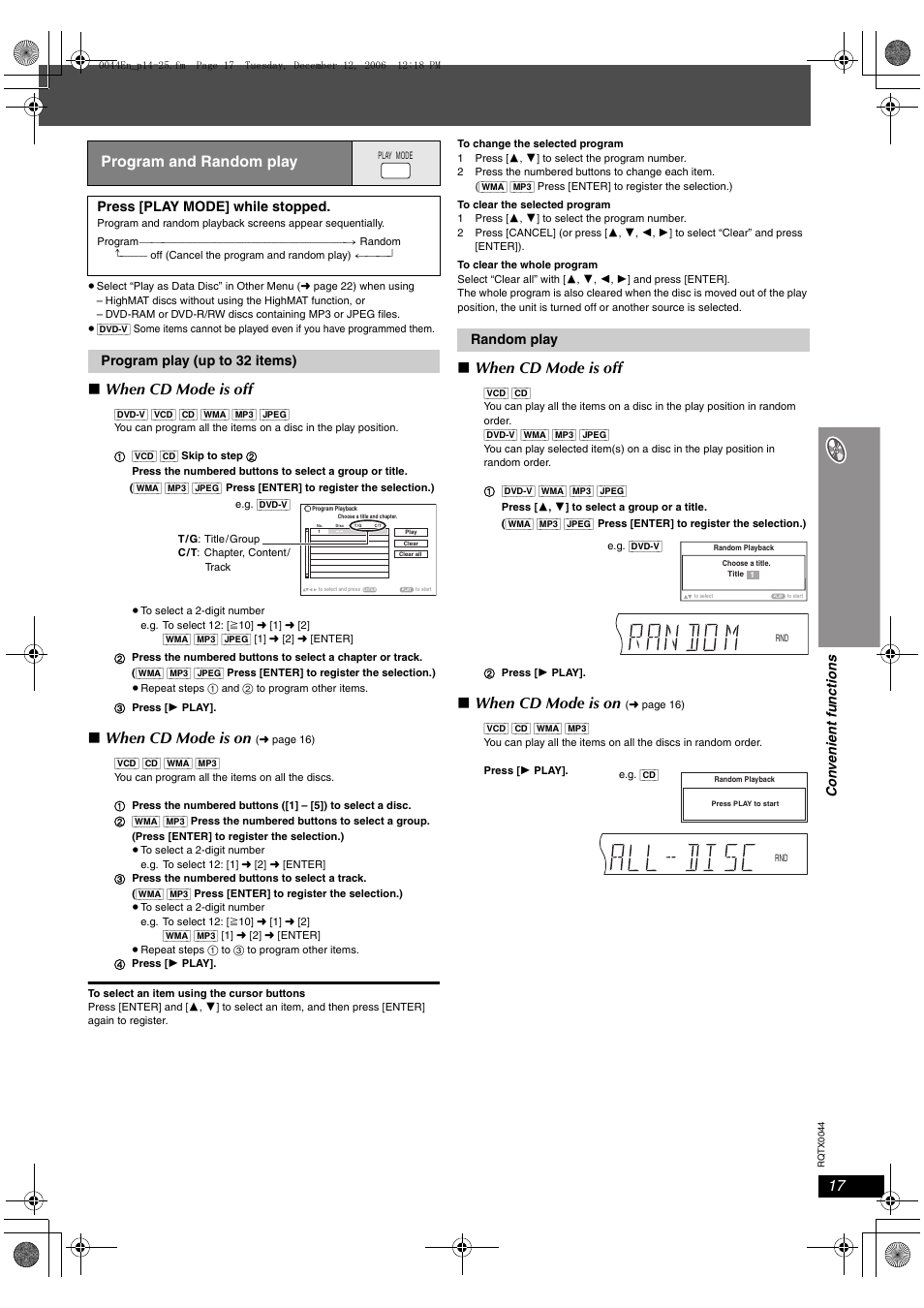 Program and random play, When cd mode is off, When cd mode is on | Con venient functions, Press [play mode] while stopped, Program play (up to 32 items), Random play | Panasonic SC-PT753 User Manual | Page 17 / 40