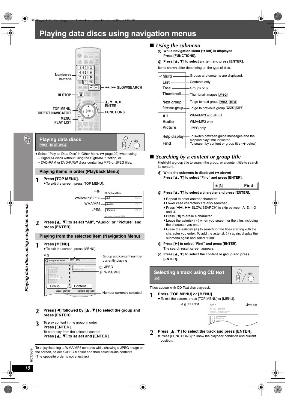 Playing data discs using navigation menus, Playing data discs, Selecting a track using cd text | Using the submenu, Searching by a content or group title | Panasonic SC-PT753 User Manual | Page 18 / 40