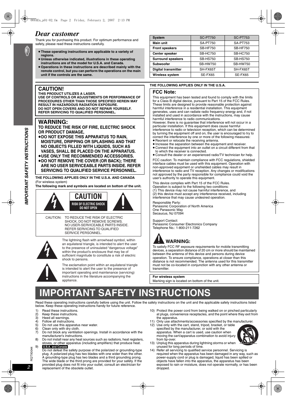Important safety instructions, Dear customer, Warning | Caution | Panasonic SC-PT753 User Manual | Page 2 / 40