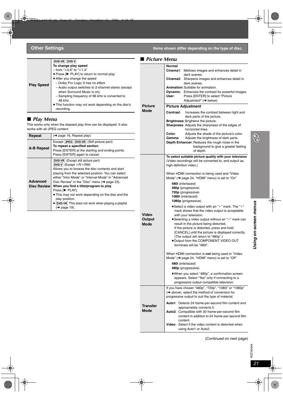 Other settings, Play menu, Picture menu | Panasonic SC-PT753 User Manual | Page 21 / 40