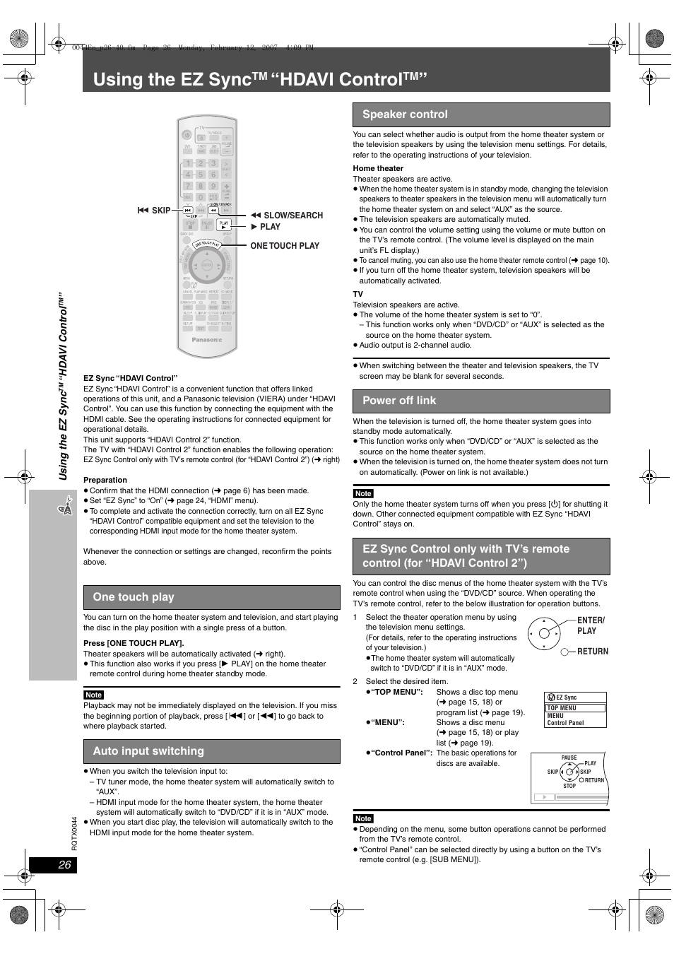 Using the ez sync “hdavi control, One touch play, Auto input switching | Speaker control, Power off link, Using the ez sync, Hdavi control, One touch play auto input switching | Panasonic SC-PT753 User Manual | Page 26 / 40