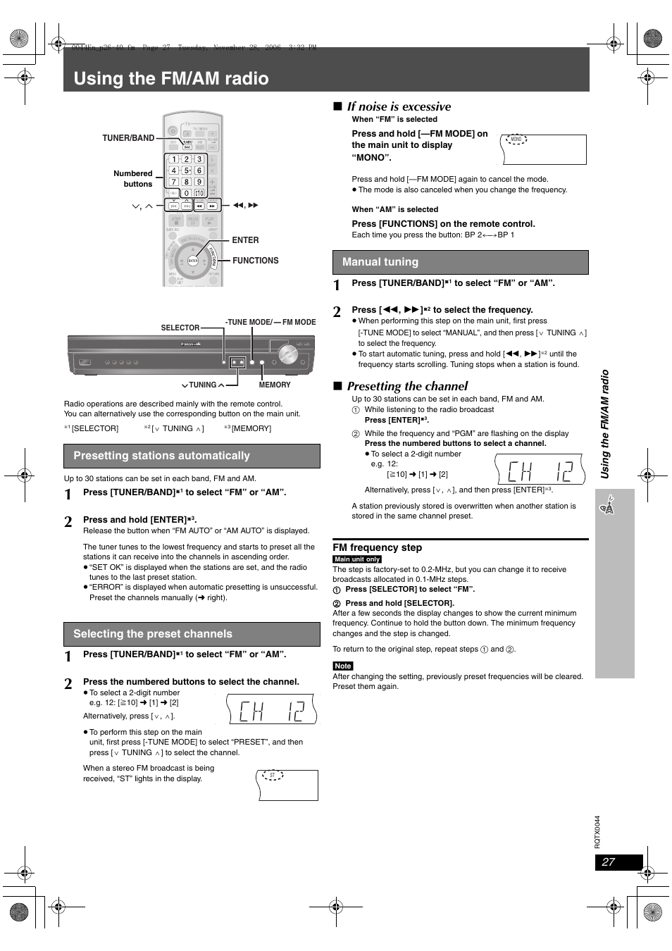 Using the fm/am radio, Presetting stations automatically, Selecting the preset channels | Manual tuning, If noise is excessive, Presetting the channel | Panasonic SC-PT753 User Manual | Page 27 / 40