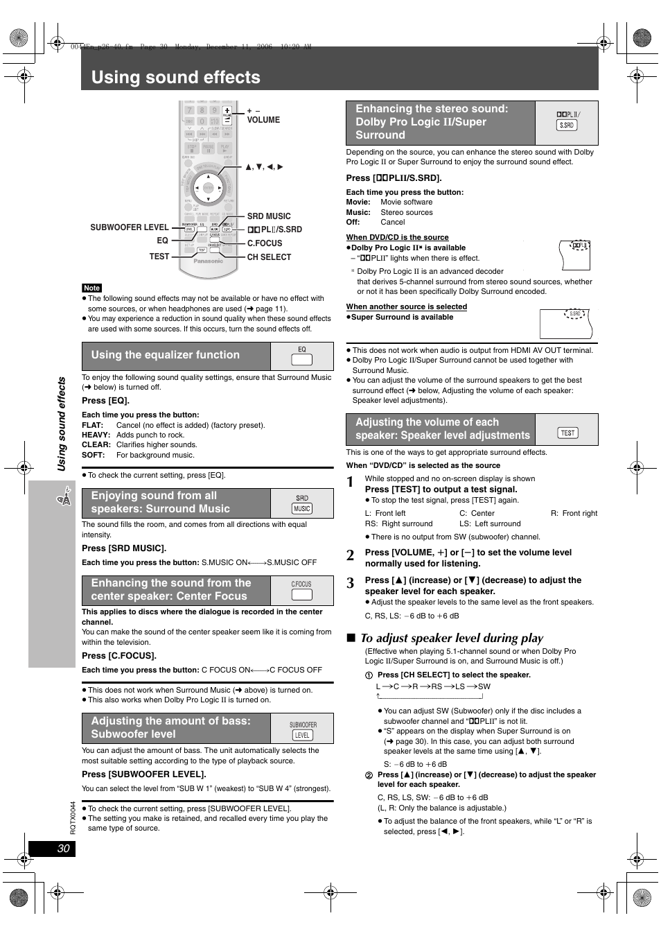 Using sound effects, Using the equalizer function, Enjoying sound from all speakers: surround music | Adjusting the amount of bass: subwoofer level | Panasonic SC-PT753 User Manual | Page 30 / 40