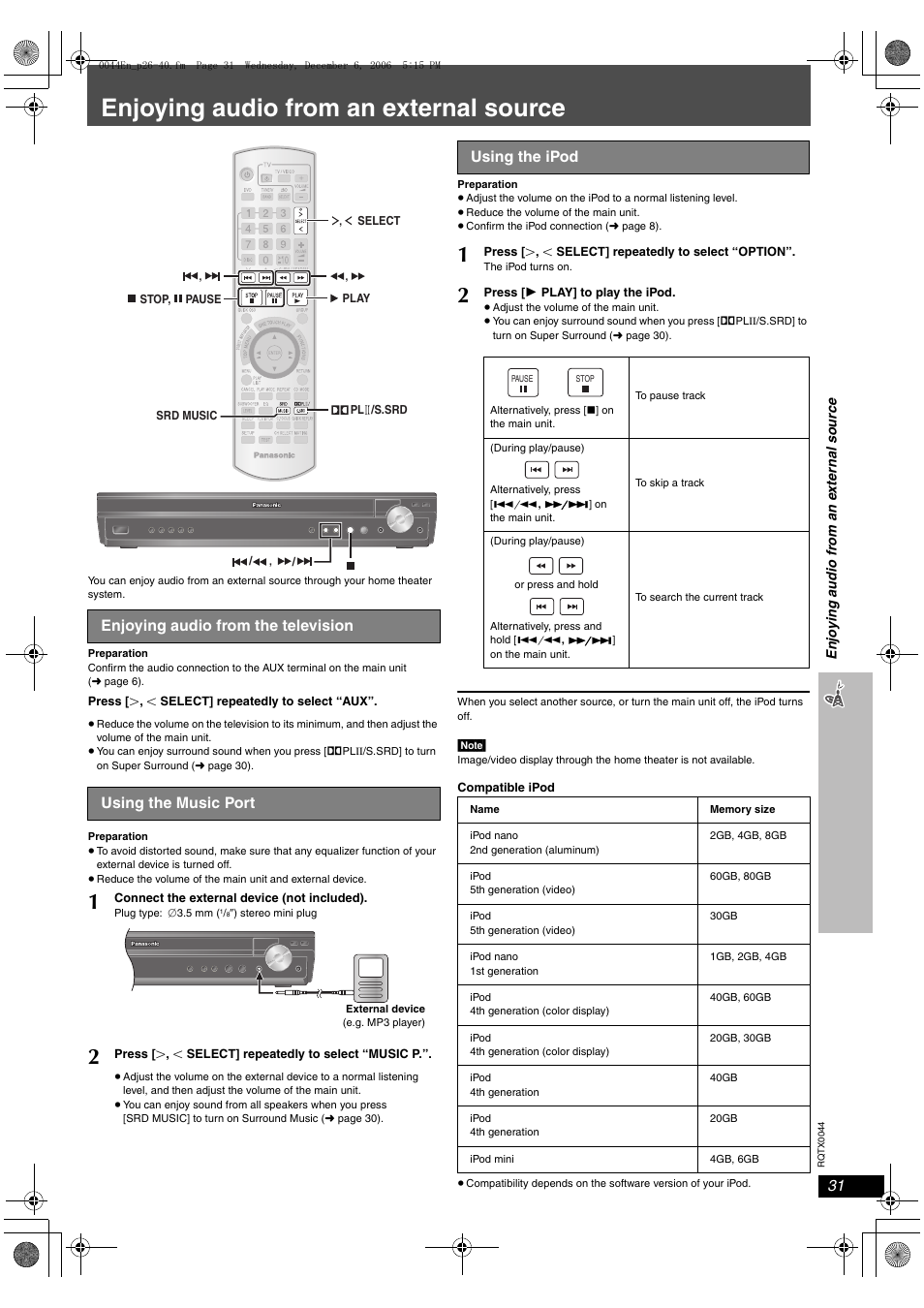 Enjoying audio from an external source, Enjoying audio from the television, Using the music port | Using the ipod | Panasonic SC-PT753 User Manual | Page 31 / 40