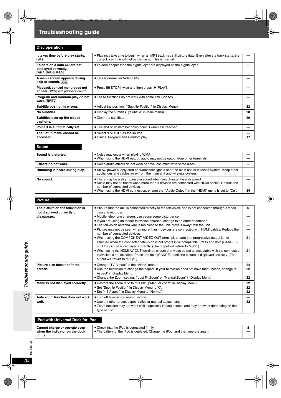 Troubleshooting guide | Panasonic SC-PT753 User Manual | Page 34 / 40