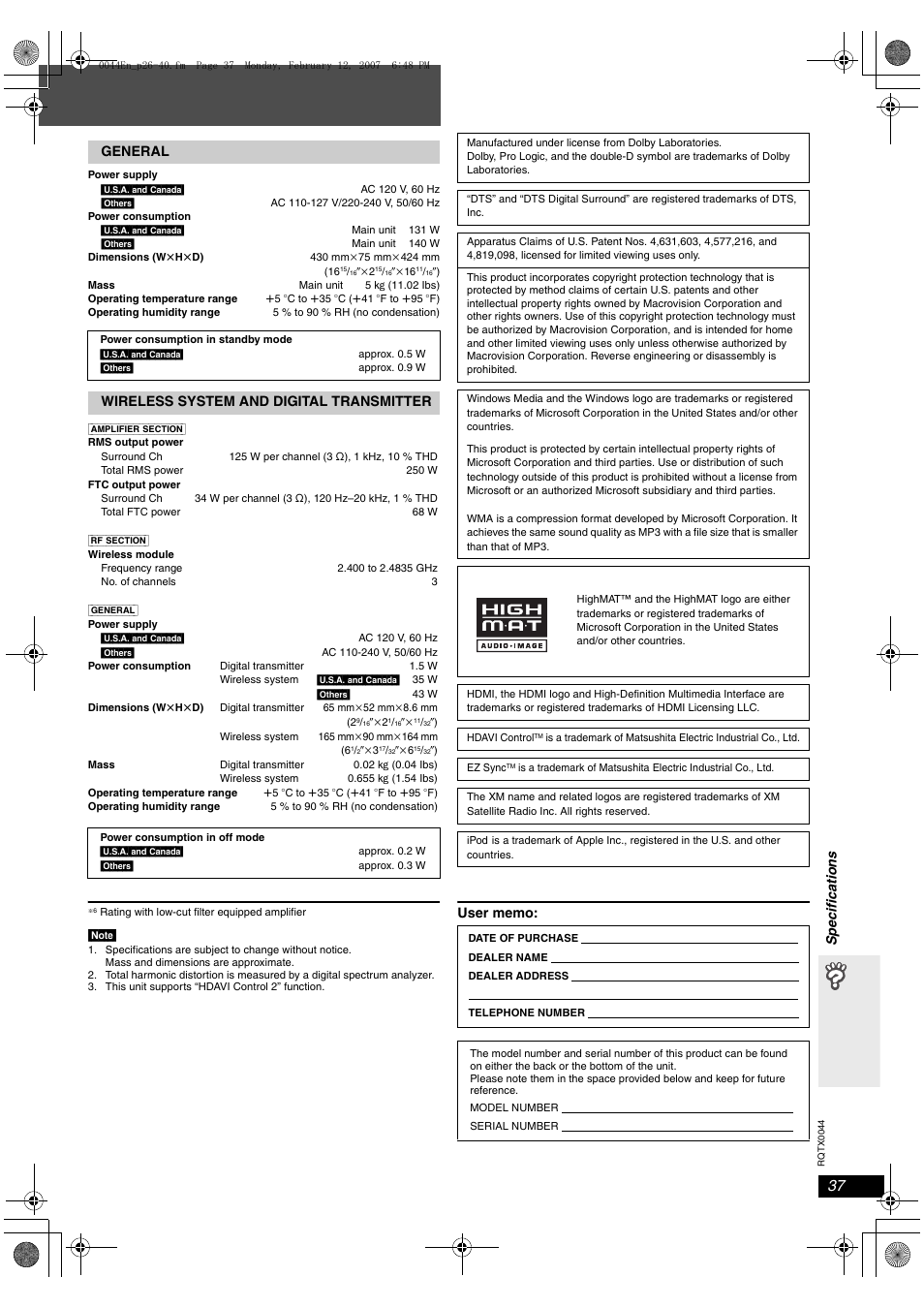 Spec ifications, General, Wireless system and digital transmitter | Panasonic SC-PT753 User Manual | Page 37 / 40