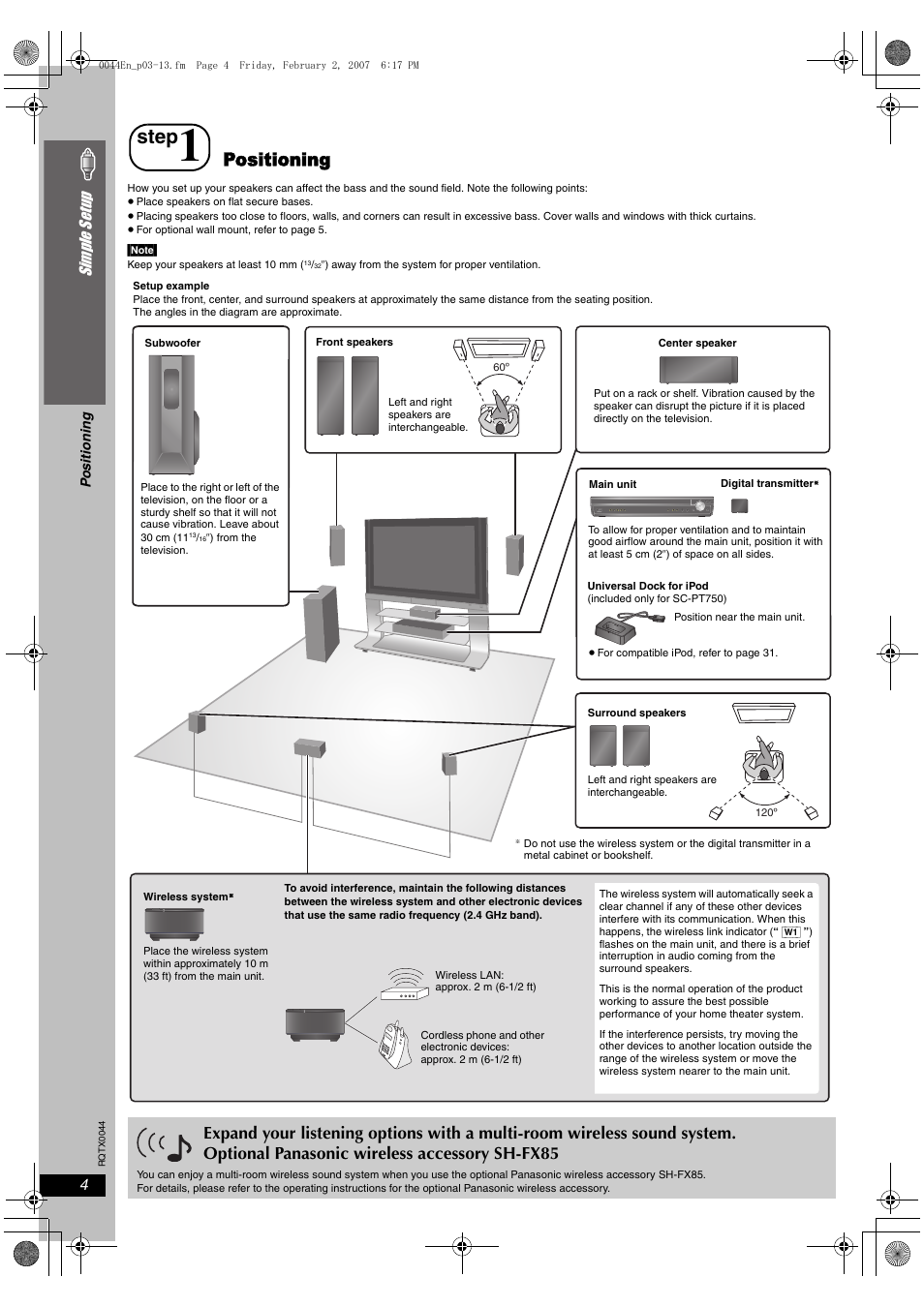 Step 1 positioning, Step, Positioning | Si mp le s etu p | Panasonic SC-PT753 User Manual | Page 4 / 40