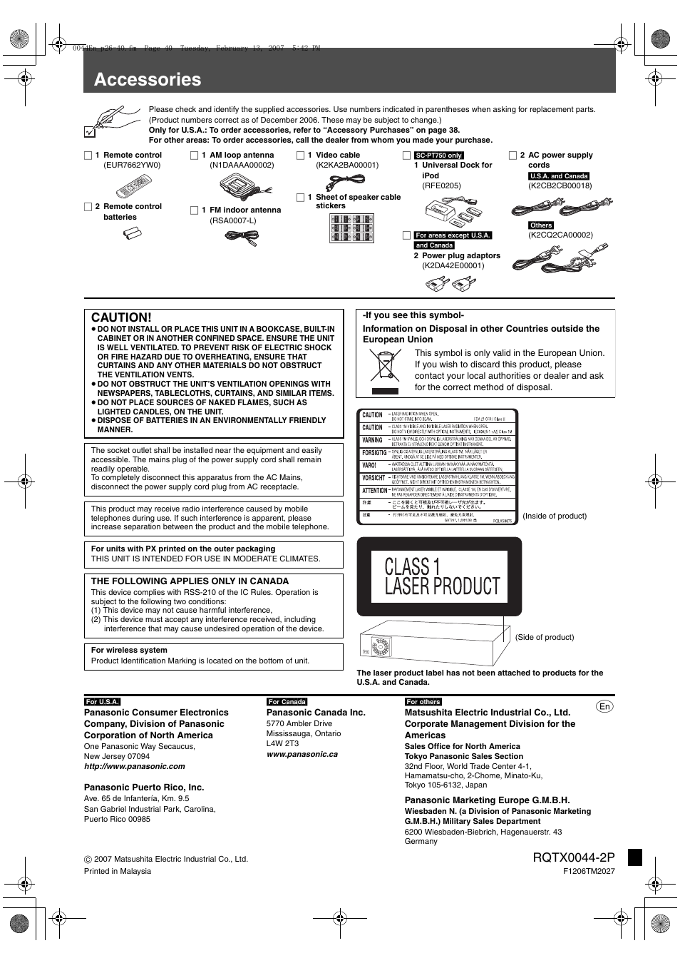 Accessories, Caution, Panasonic puerto rico, inc | Panasonic canada inc, Panasonic marketing europe g.m.b.h, The following applies only in canada | Panasonic SC-PT753 User Manual | Page 40 / 40