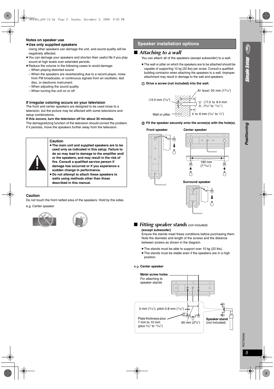 Speaker installation options, Attaching to a wall, Fitting speaker stands | Si mp le s etu p | Panasonic SC-PT753 User Manual | Page 5 / 40