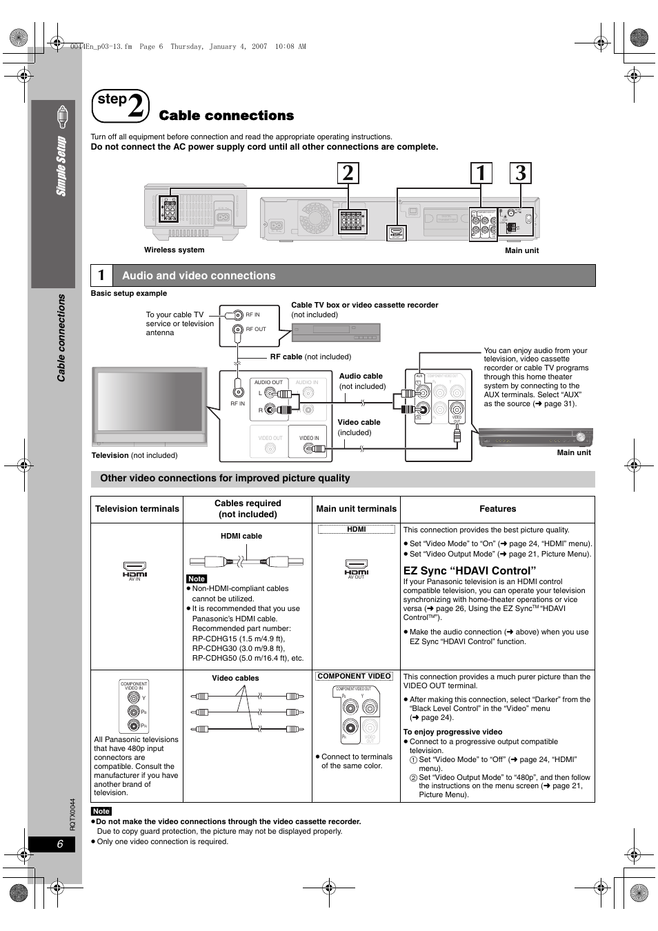 Step 2 cable connections, Audio and video connections, Step | Cable connections, Si mp le s etu p, Ez sync “hdavi control, Ca b le connec tions | Panasonic SC-PT753 User Manual | Page 6 / 40