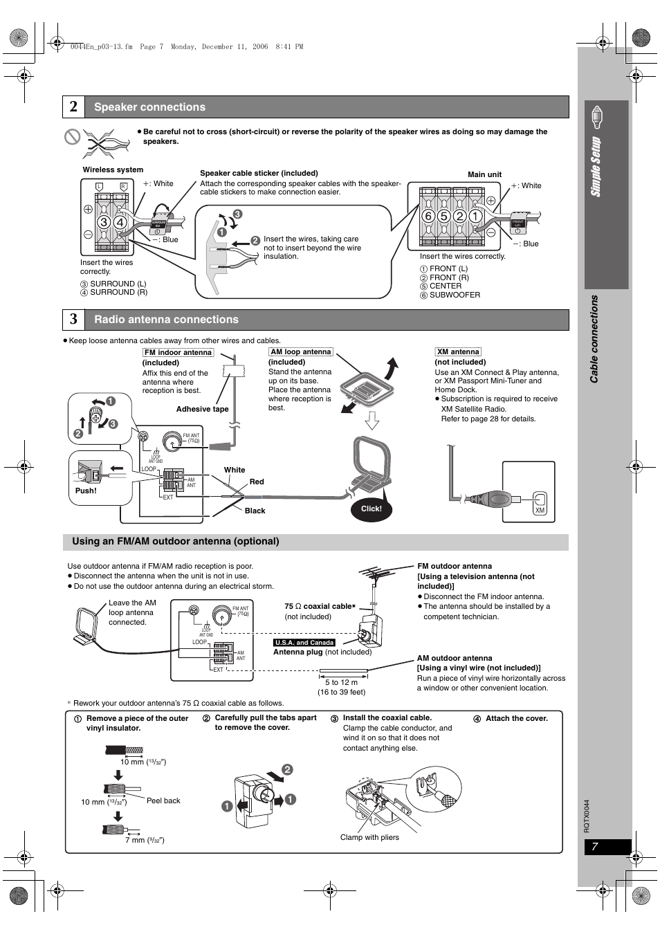 Speaker connections, Radio antenna connections, Si mp le s etu p | Panasonic SC-PT753 User Manual | Page 7 / 40