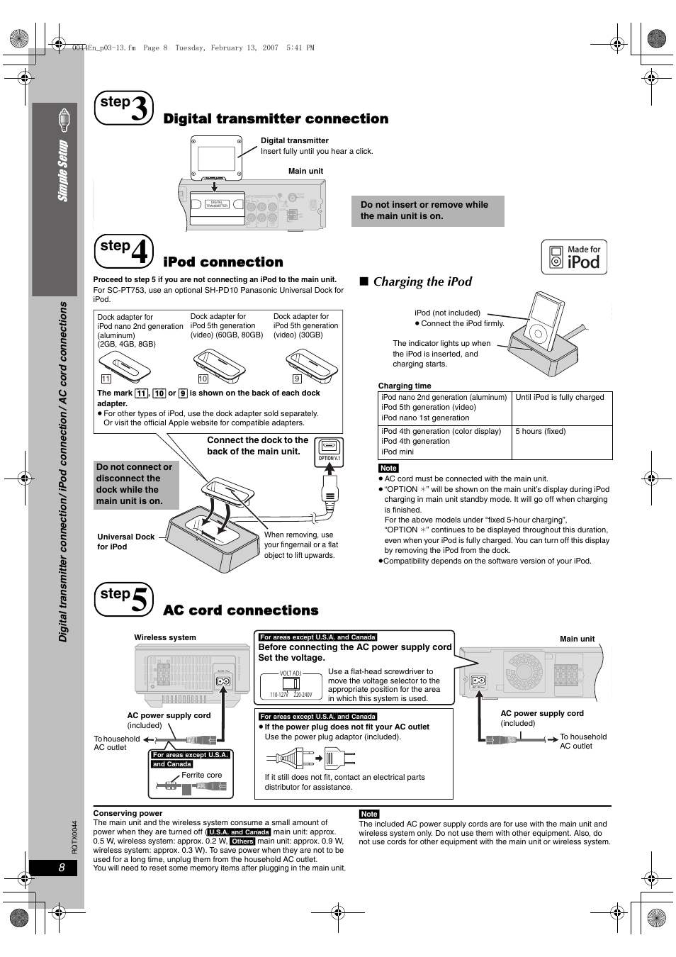Step 3 digital transmitter connection, Step 4 ipod connection, Step 5 ac cord connections | Step, Digital transmitter connection, Ipod connection, Ac cord connections, Charging the ipod, Si mp le s etu p | Panasonic SC-PT753 User Manual | Page 8 / 40