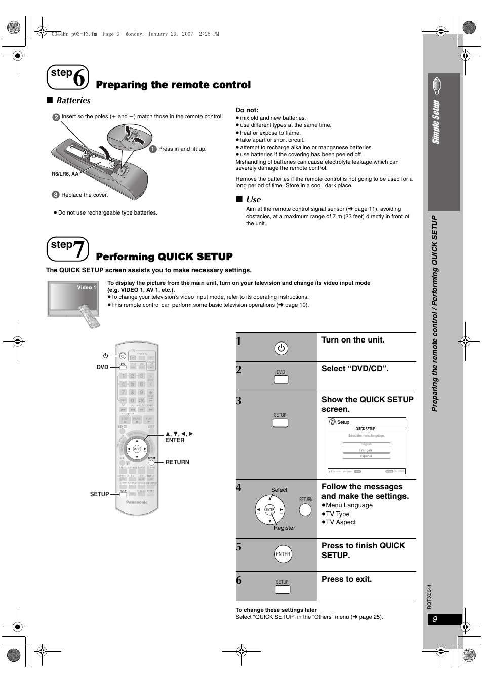 Step 6 preparing the remote control, Step 7 performing quick setup, Step | Preparing the remote control, Performing quick setup | Panasonic SC-PT753 User Manual | Page 9 / 40