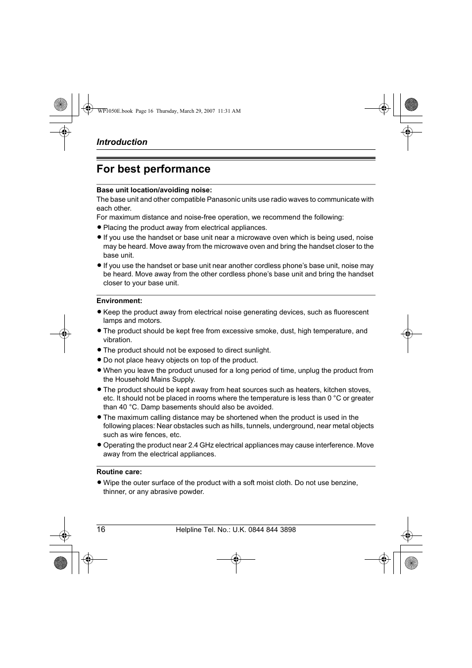 For best performance, Base unit location/avoiding noise, Environment | Routine care | Panasonic KW-WP1050E User Manual | Page 16 / 240