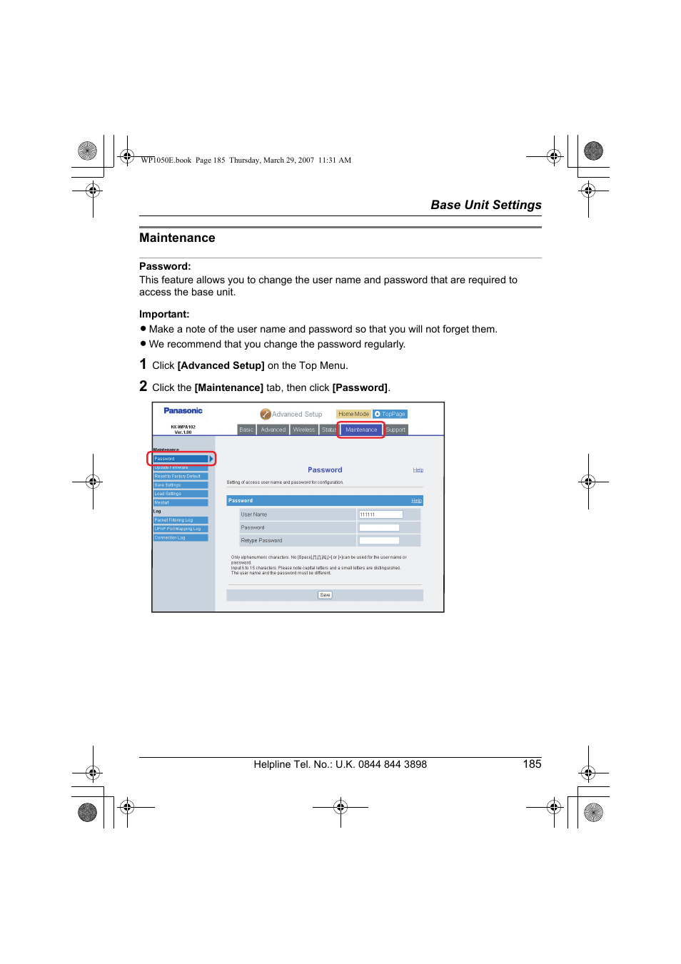 Maintenance, Password | Panasonic KW-WP1050E User Manual | Page 185 / 240