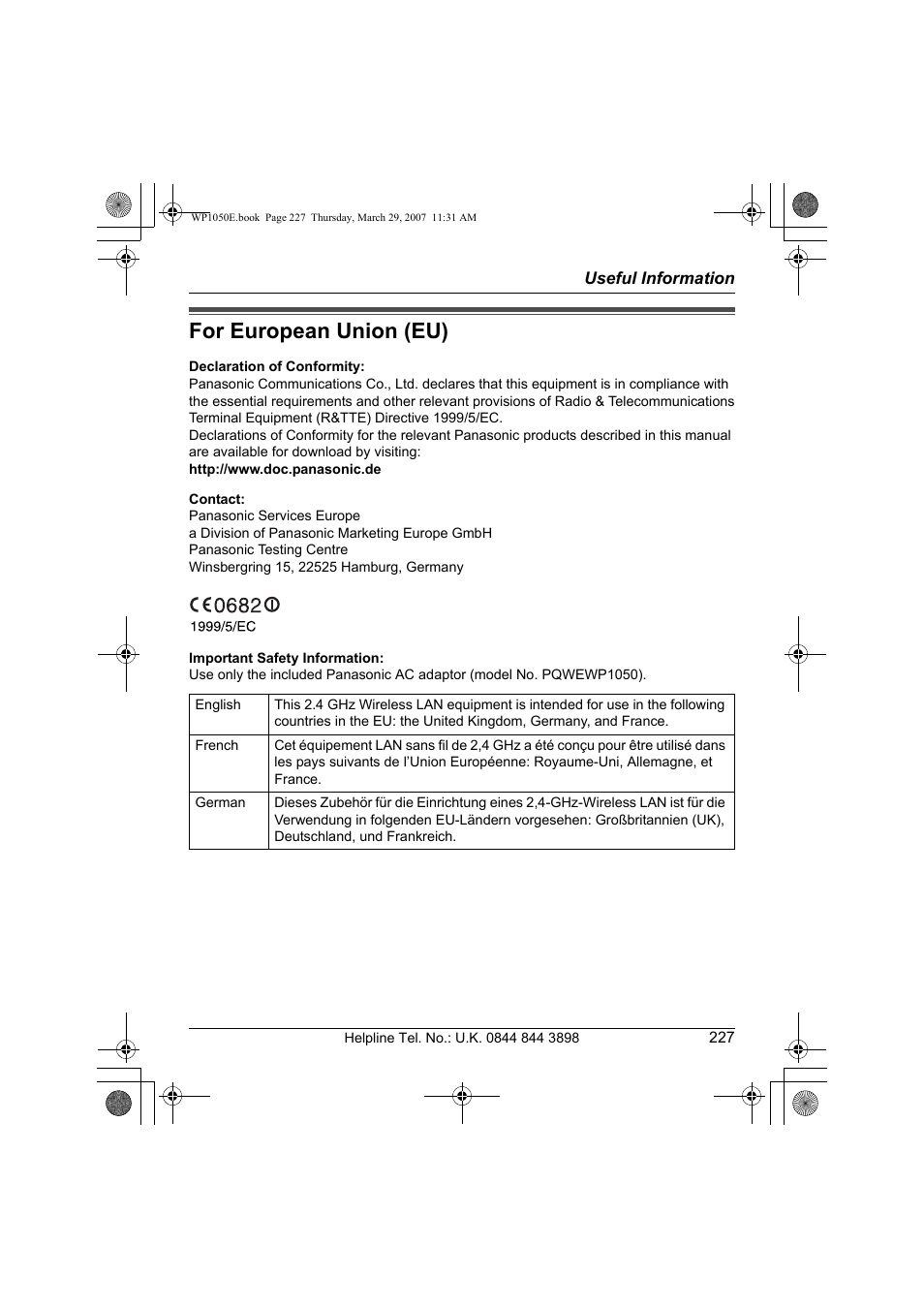 For european union (eu) | Panasonic KW-WP1050E User Manual | Page 227 / 240