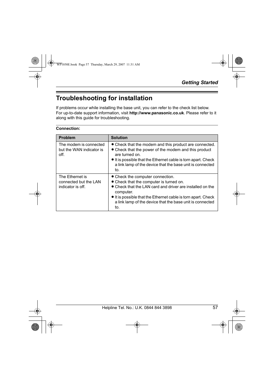 Troubleshooting for installation, Connection | Panasonic KW-WP1050E User Manual | Page 57 / 240