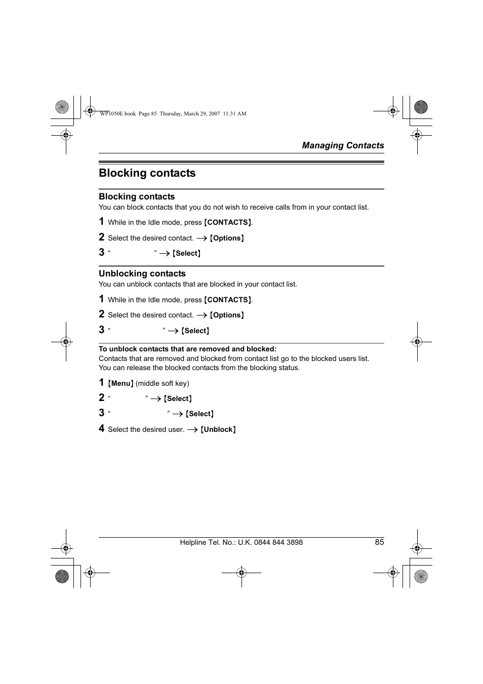 Blocking contacts, Unblocking contacts, To unblock contacts that are removed and blocked | Panasonic KW-WP1050E User Manual | Page 85 / 240