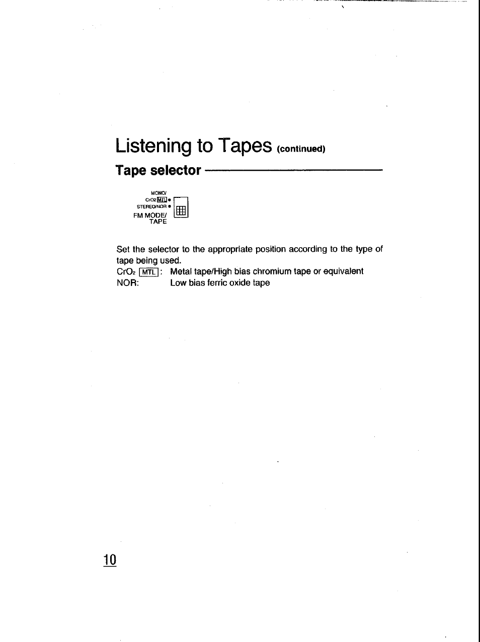 Listening to tapes, Tape selector | Panasonic RQ-V185 User Manual | Page 10 / 19