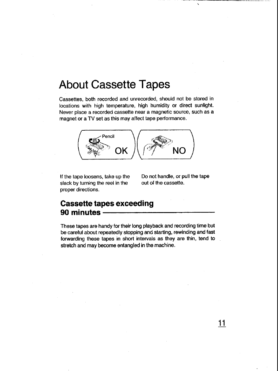 About cassette tapes, Cassette tapes exceeding 90 minutes | Panasonic RQ-V185 User Manual | Page 11 / 19