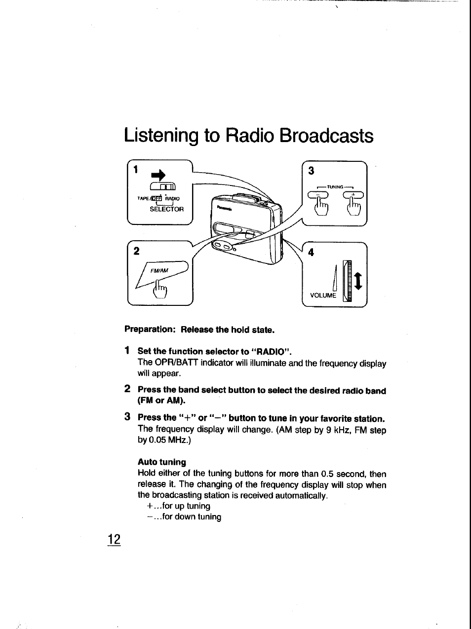 Listening to radio broadcasts | Panasonic RQ-V185 User Manual | Page 12 / 19