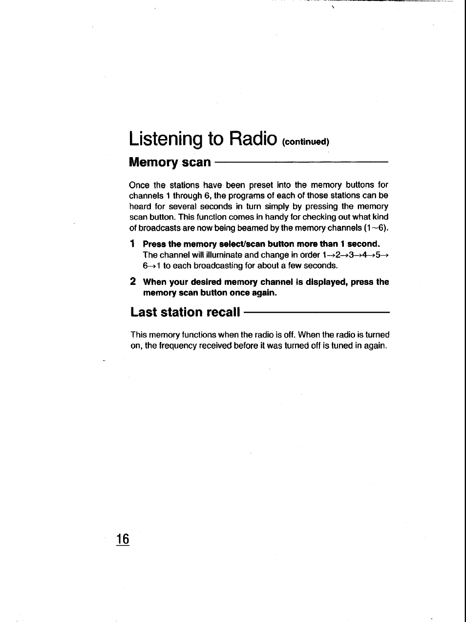 Listening to radio, Last station recall | Panasonic RQ-V185 User Manual | Page 16 / 19