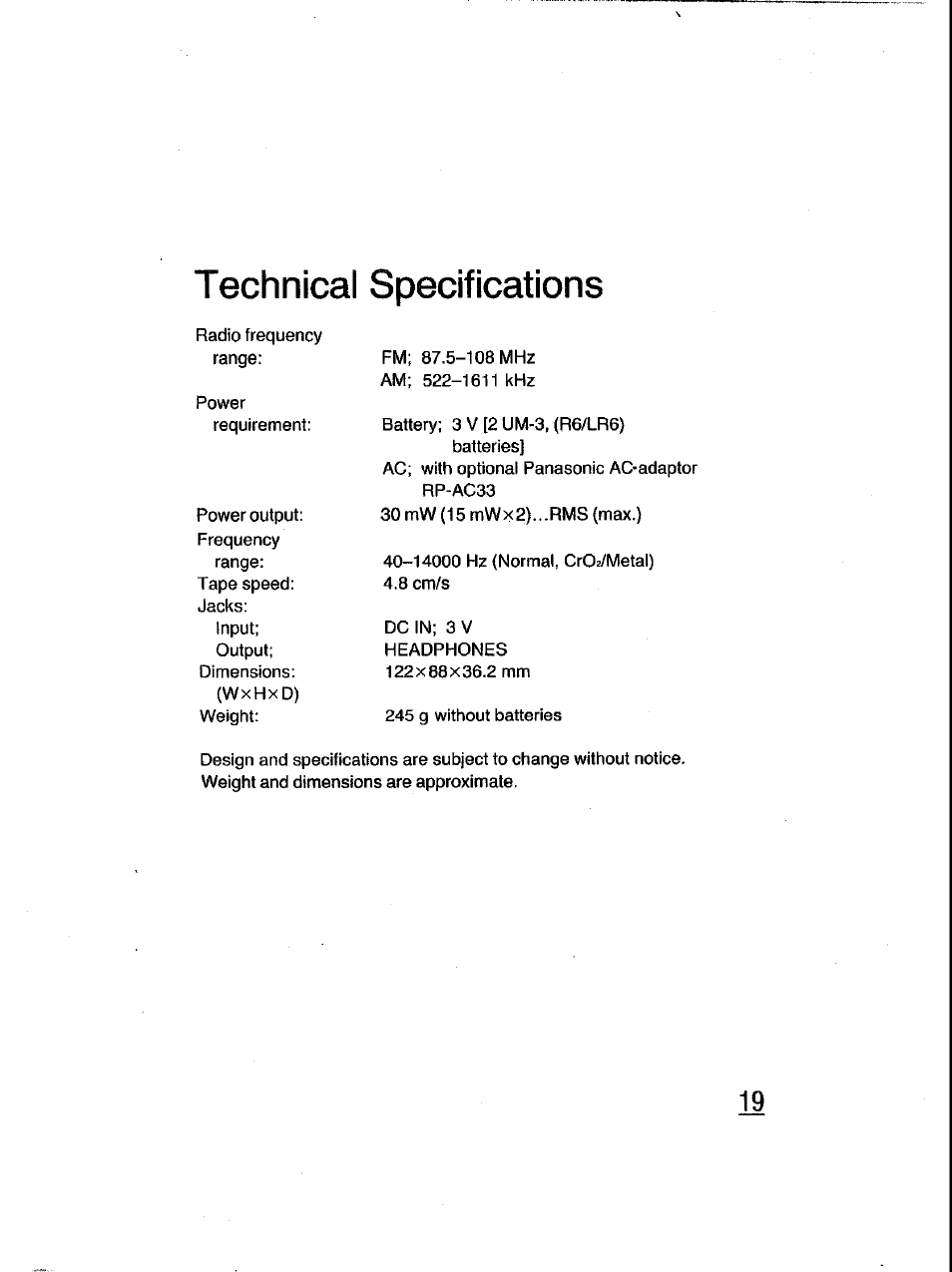 Technical specifications | Panasonic RQ-V185 User Manual | Page 19 / 19