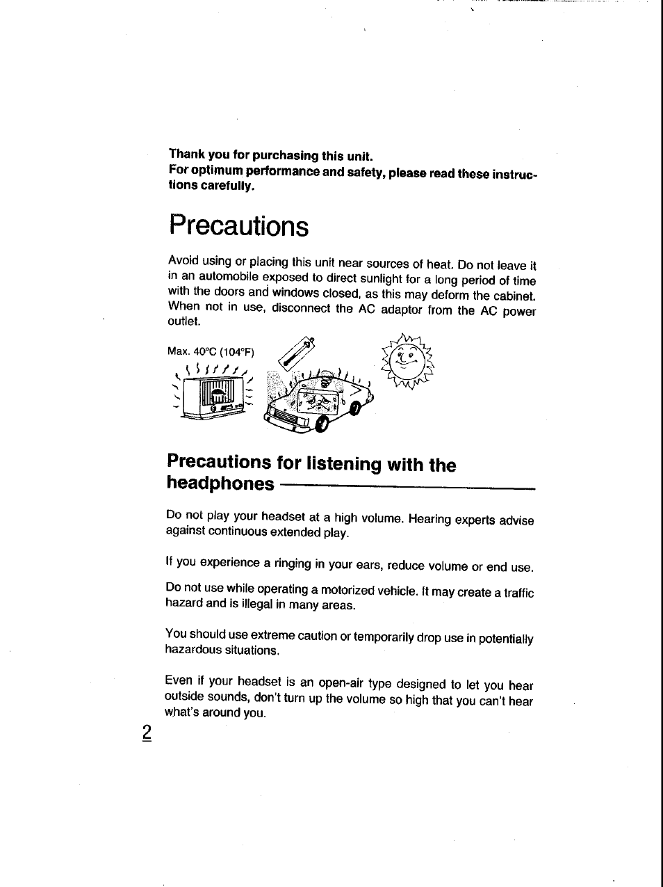 Precautions, Precautions for listening with the headphones | Panasonic RQ-V185 User Manual | Page 2 / 19