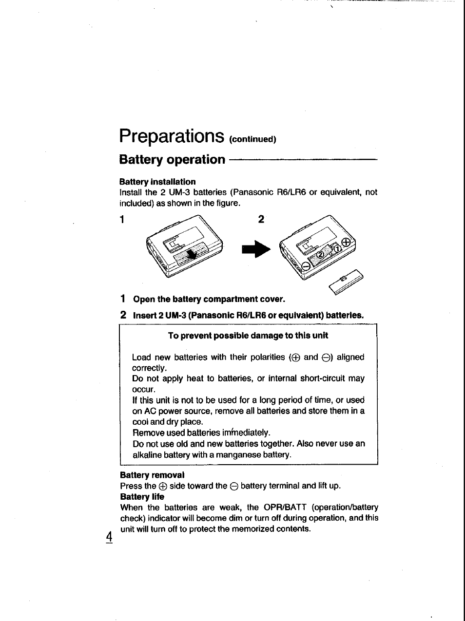 Preparations (continued), Battery operation | Panasonic RQ-V185 User Manual | Page 4 / 19