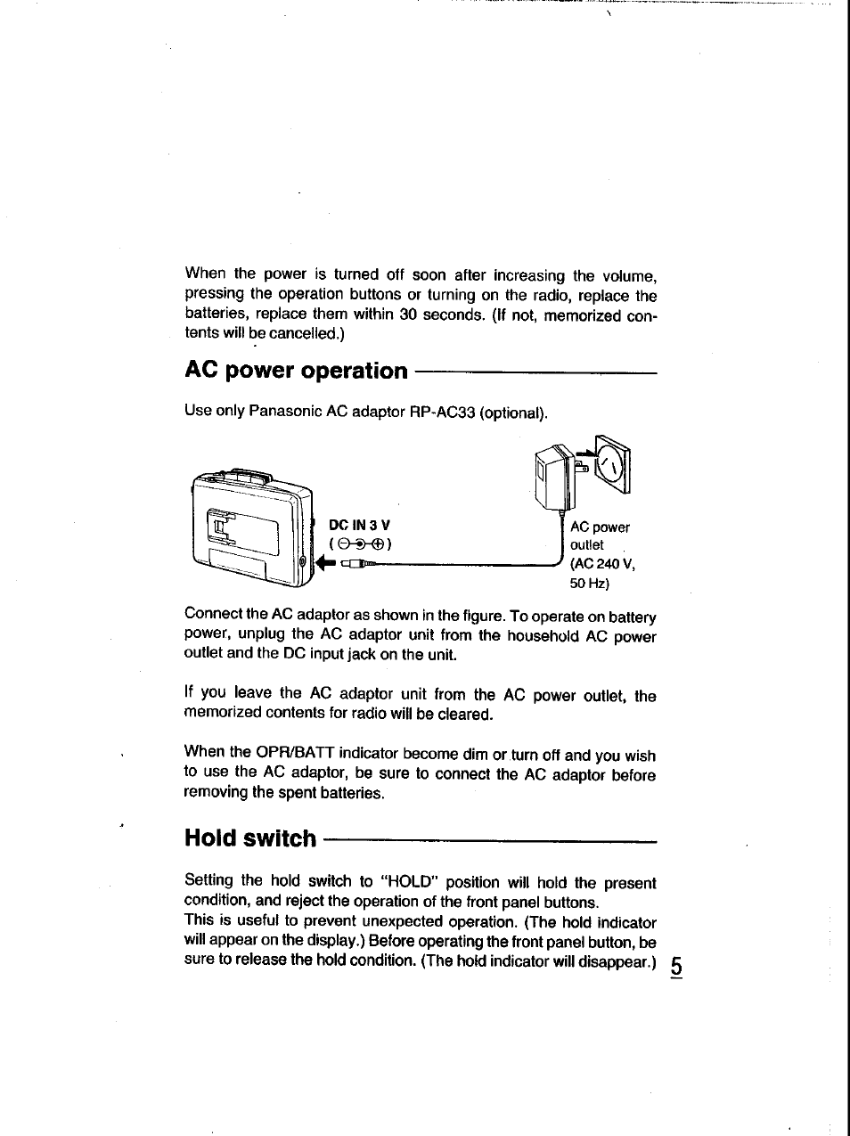 Ac power operation, Hold switch | Panasonic RQ-V185 User Manual | Page 5 / 19