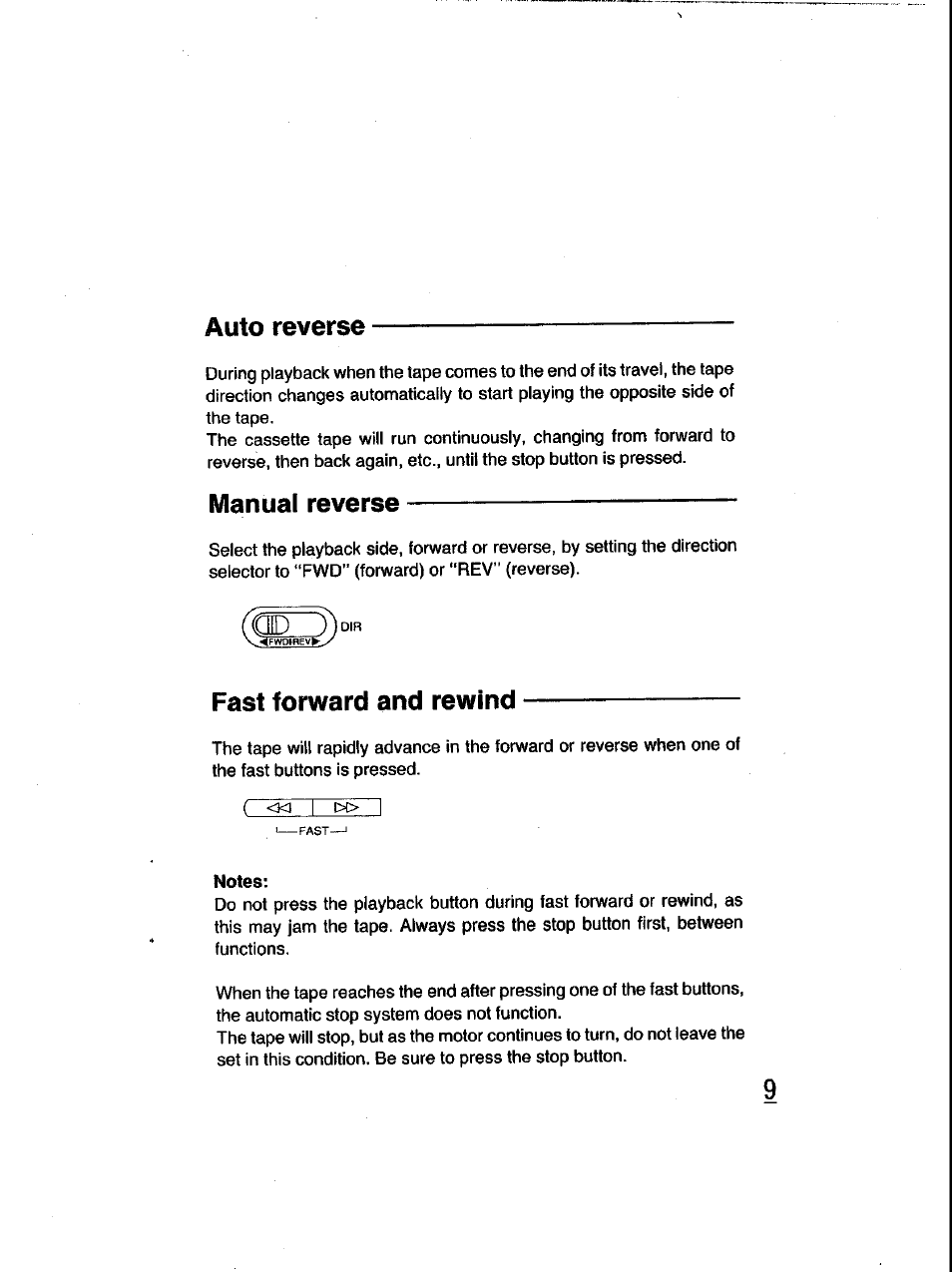 Auto reverse, Manual reverse, Fast forward and rewind | Panasonic RQ-V185 User Manual | Page 9 / 19