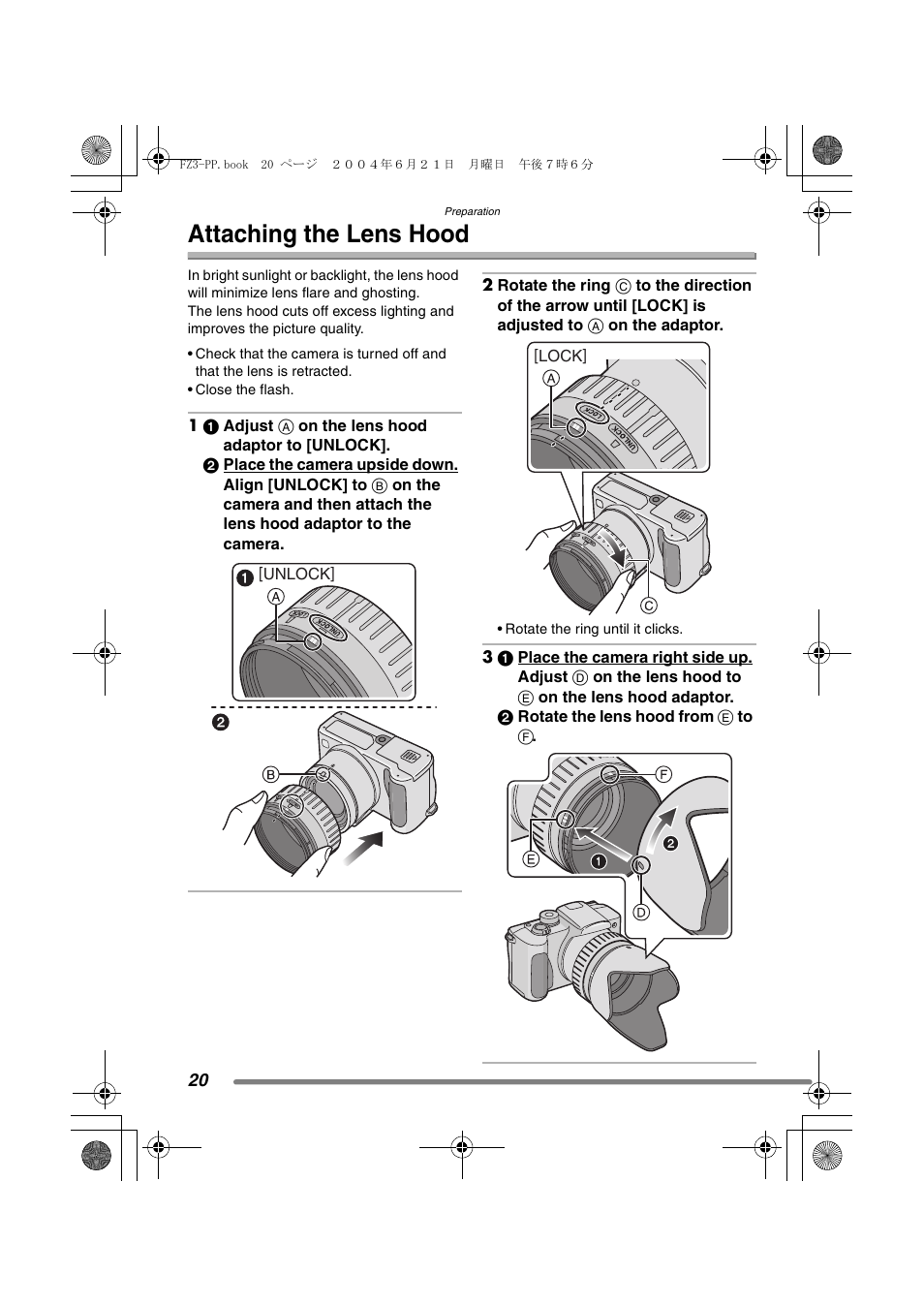 Attaching the lens hood | Panasonic DMC-FZ3PP User Manual | Page 20 / 124