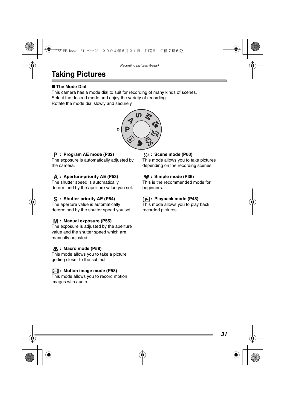 Recording pictures (basic), Taking pictures, Ms a p scn | Panasonic DMC-FZ3PP User Manual | Page 31 / 124