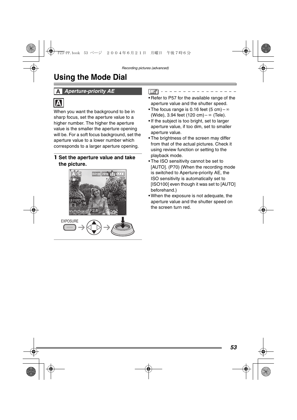 Recording pictures (advanced), Using the mode dial | Panasonic DMC-FZ3PP User Manual | Page 53 / 124