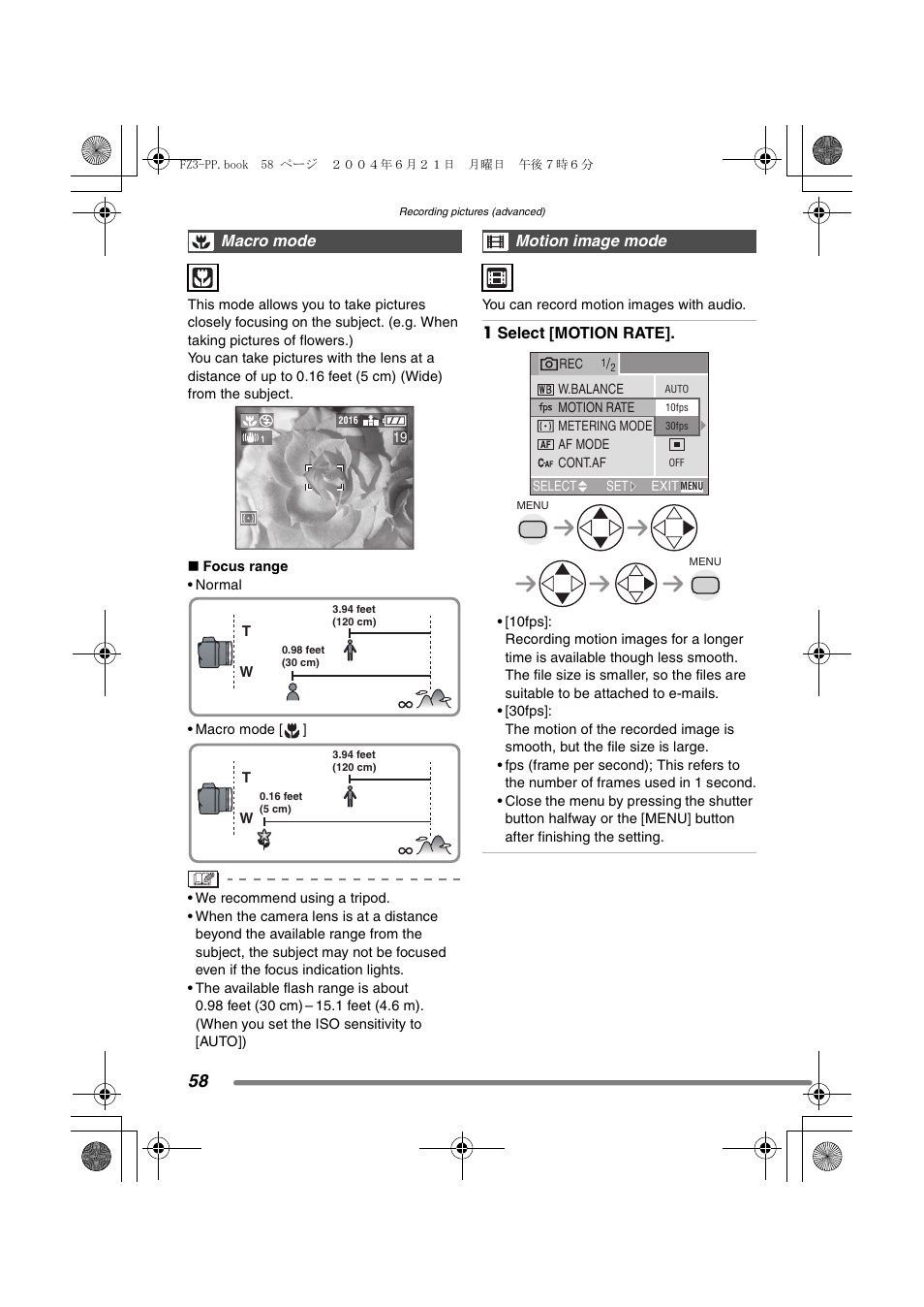 Macro mode, Motion image mode | Panasonic DMC-FZ3PP User Manual | Page 58 / 124