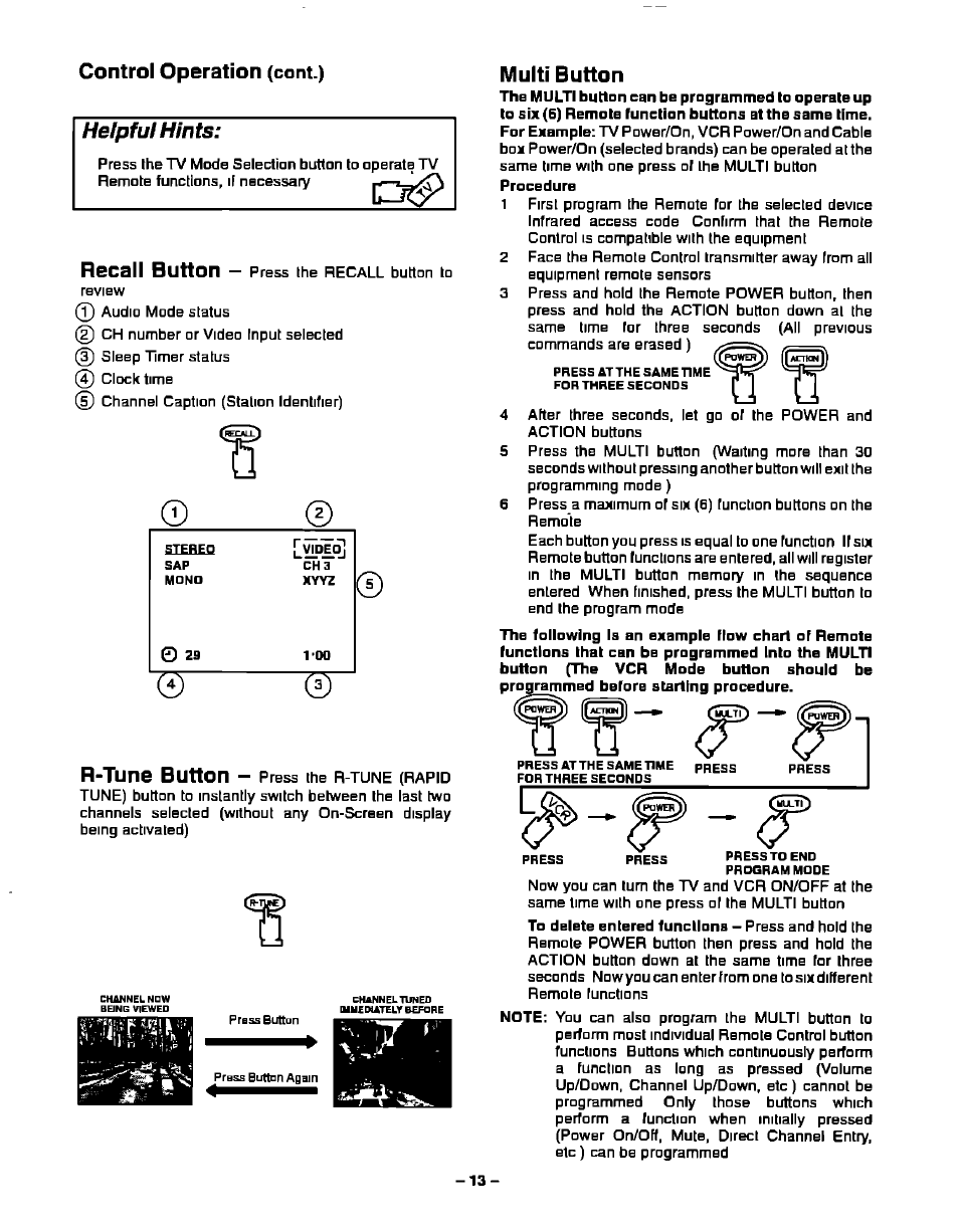 Cant.), Control operation, Helpful hints | Multi button, Recall button, R-tune button | Panasonic CT-27S20 User Manual | Page 13 / 40