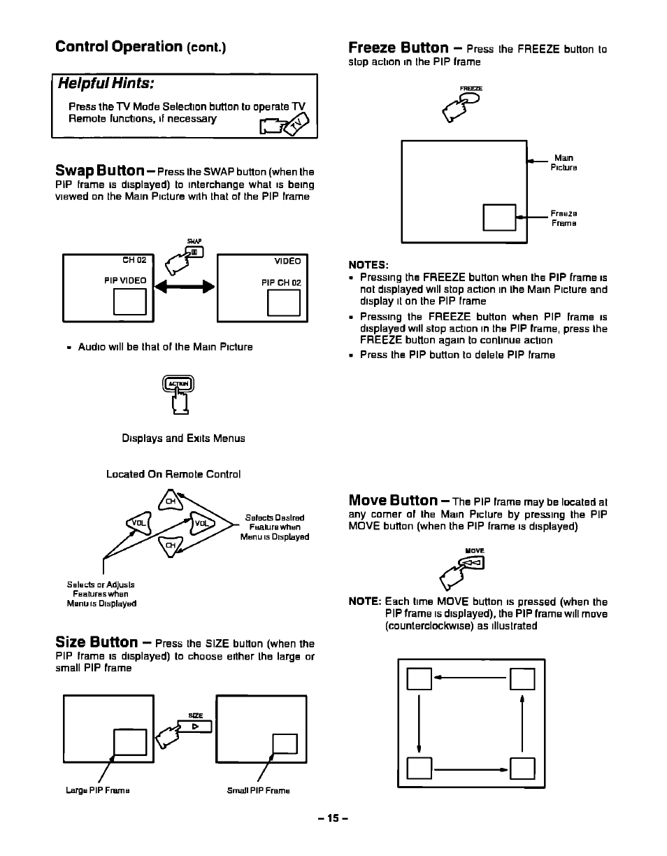Coni.), Control operation, Helpfui hints | Swap button, Freeze button, Size button, Move button | Panasonic CT-27S20 User Manual | Page 15 / 40