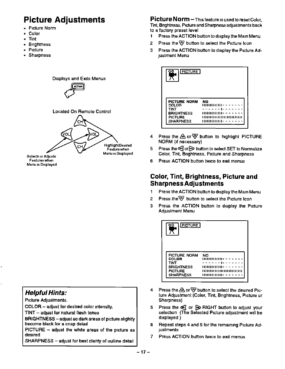 Picture adjustments, Color, tint, brightness, picture and sharpness, Adjustments | Heipfui hints, Picture norm | Panasonic CT-27S20 User Manual | Page 17 / 40