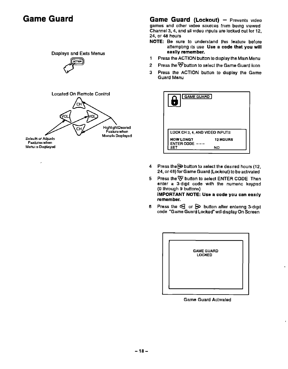 Game guard, Lockout) | Panasonic CT-27S20 User Manual | Page 18 / 40